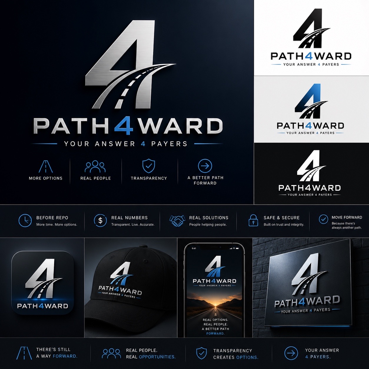 Path4ward brand identity featuring road inside the number 4 logo
